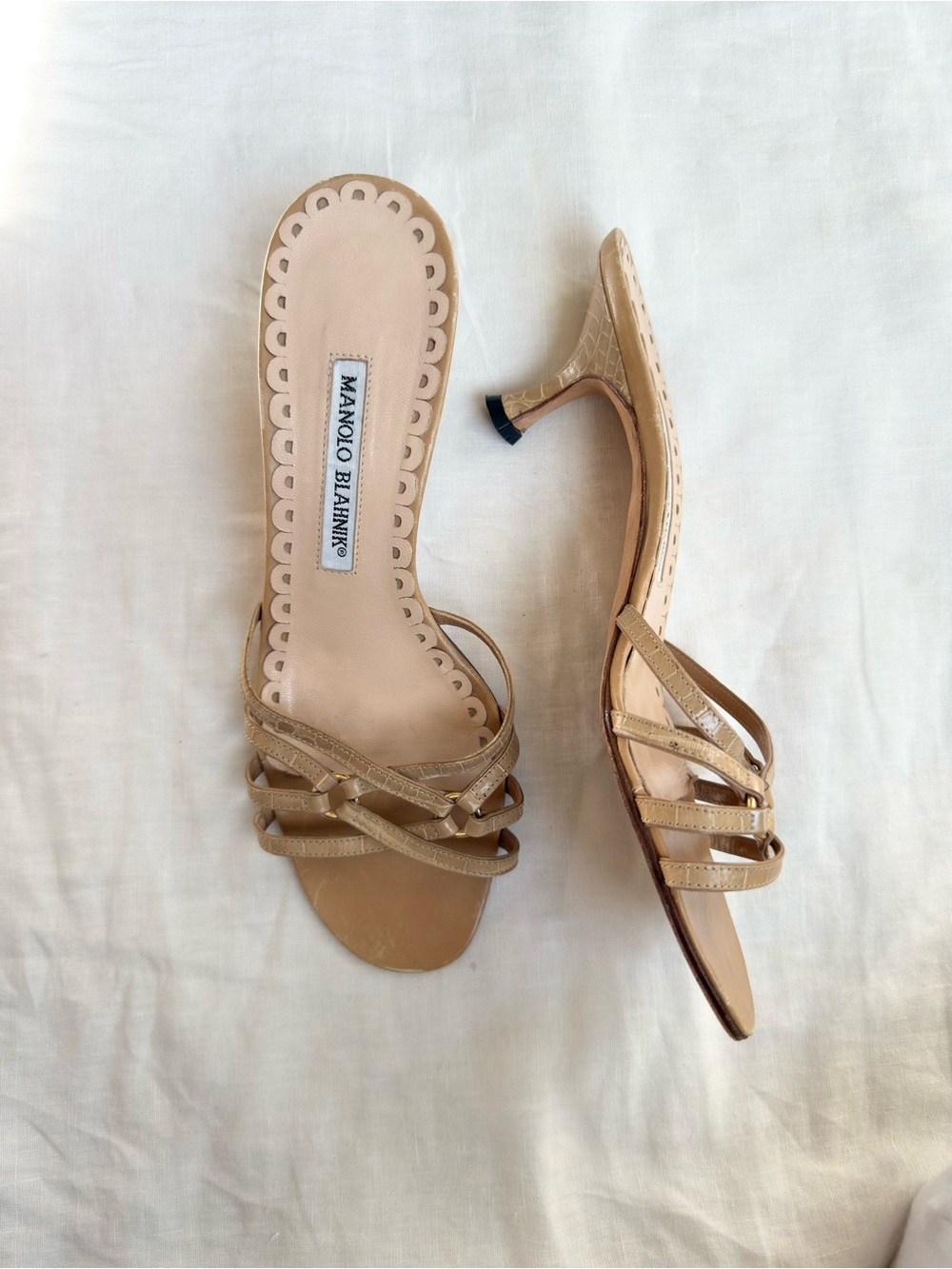 Manolo Blahnik Vintage Beige Strappy Kitten Heel Mules